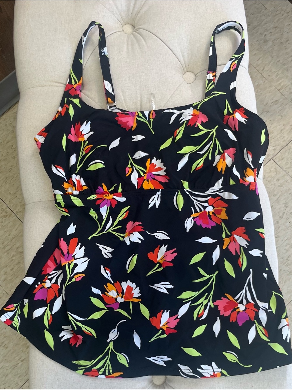 Lands' End Black Floral Swim Tank Top with Pink, Red, Orange & Green Sz. 12P